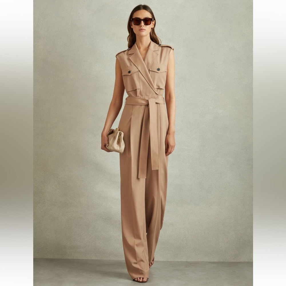 NWT Reiss Luisa Wool Blend Double Breasted Belted Jumpsuit color Stone Size 12 - Picture 2 of 8